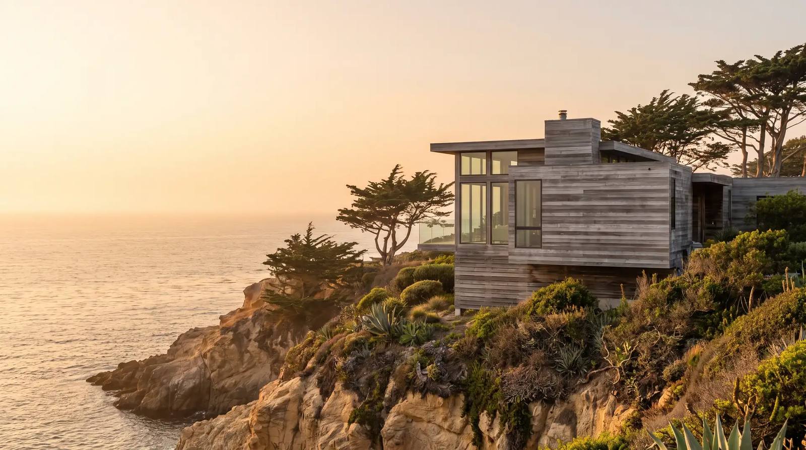 A silvered cedar house on a coastal bluff above the ocean at sunset, with wind-shaped cypress