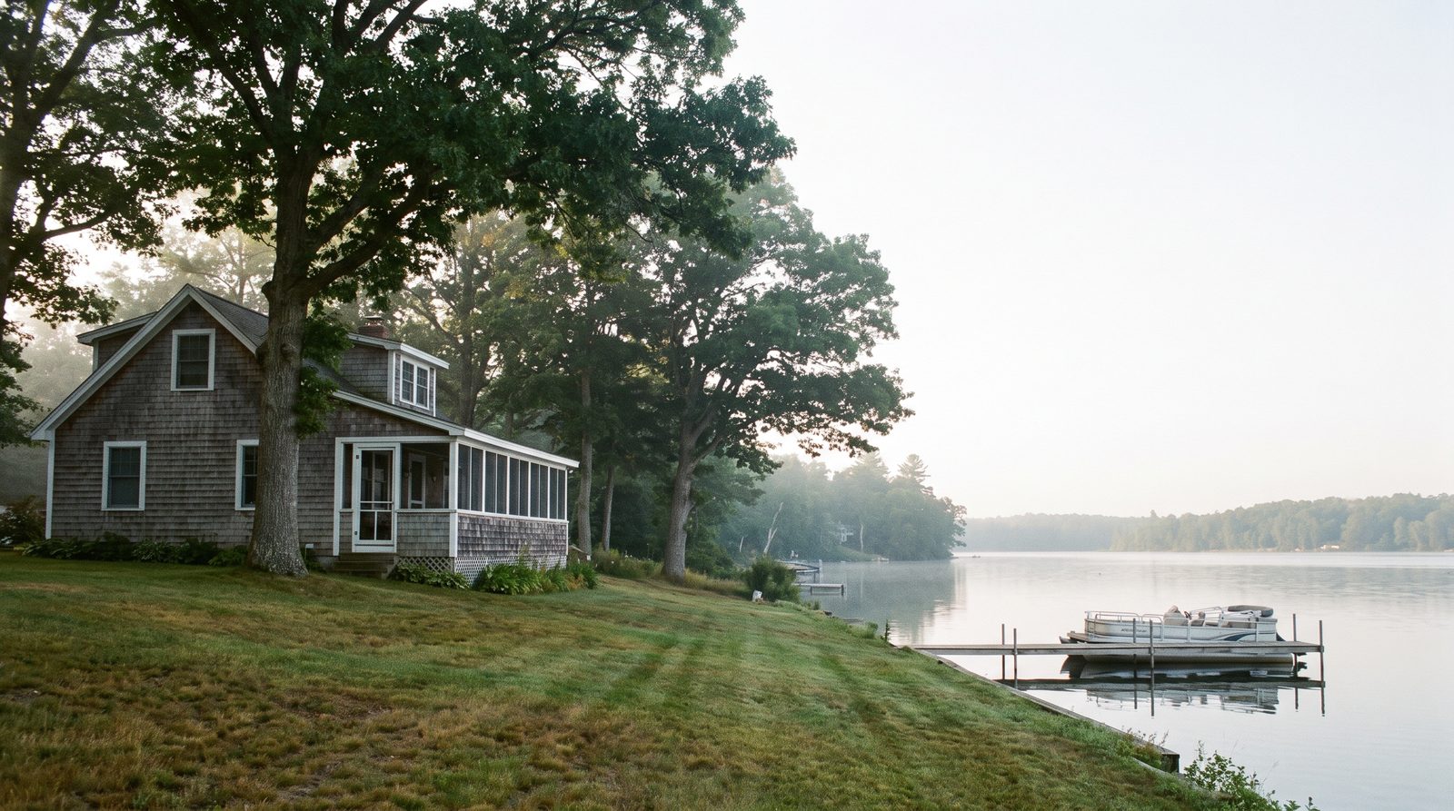 A cedar-shingle lake cottage with a screened porch under tall oaks on a northern Indiana lake, a mown lawn sloping to the water and a pontoon boat on a lift beside a small pier in early morning mist