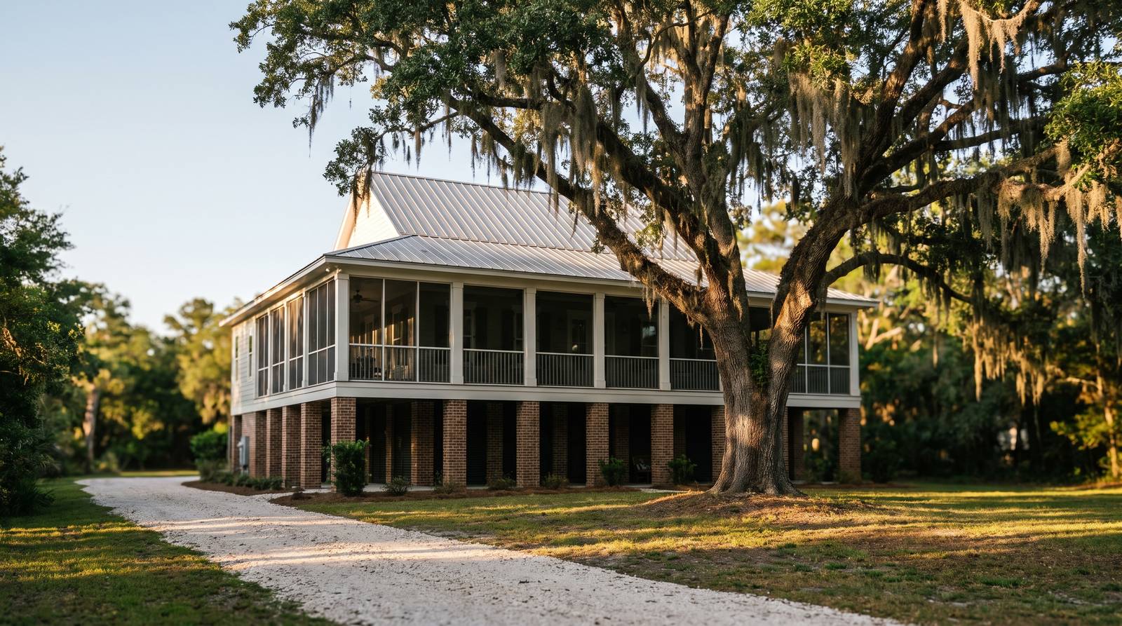 A Mississippi Gulf Coast house raised a full storey on brick piers, with a screened porch under a standing-seam metal roof, a moss-hung live oak beside it and a crushed-shell drive curving past in late afternoon light