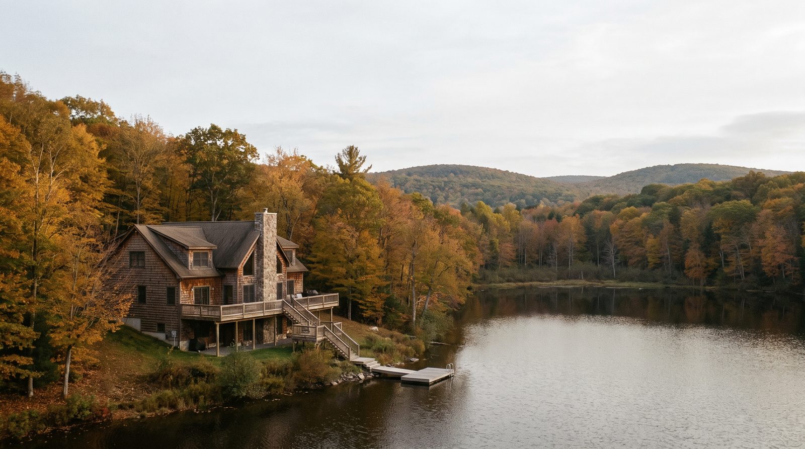 A shingled lake house with a stone chimney set in hardwood forest in autumn color in the Pocono Mountains, a deck and stairs leading down to a small dock on a quiet wooded lake with low hills behind